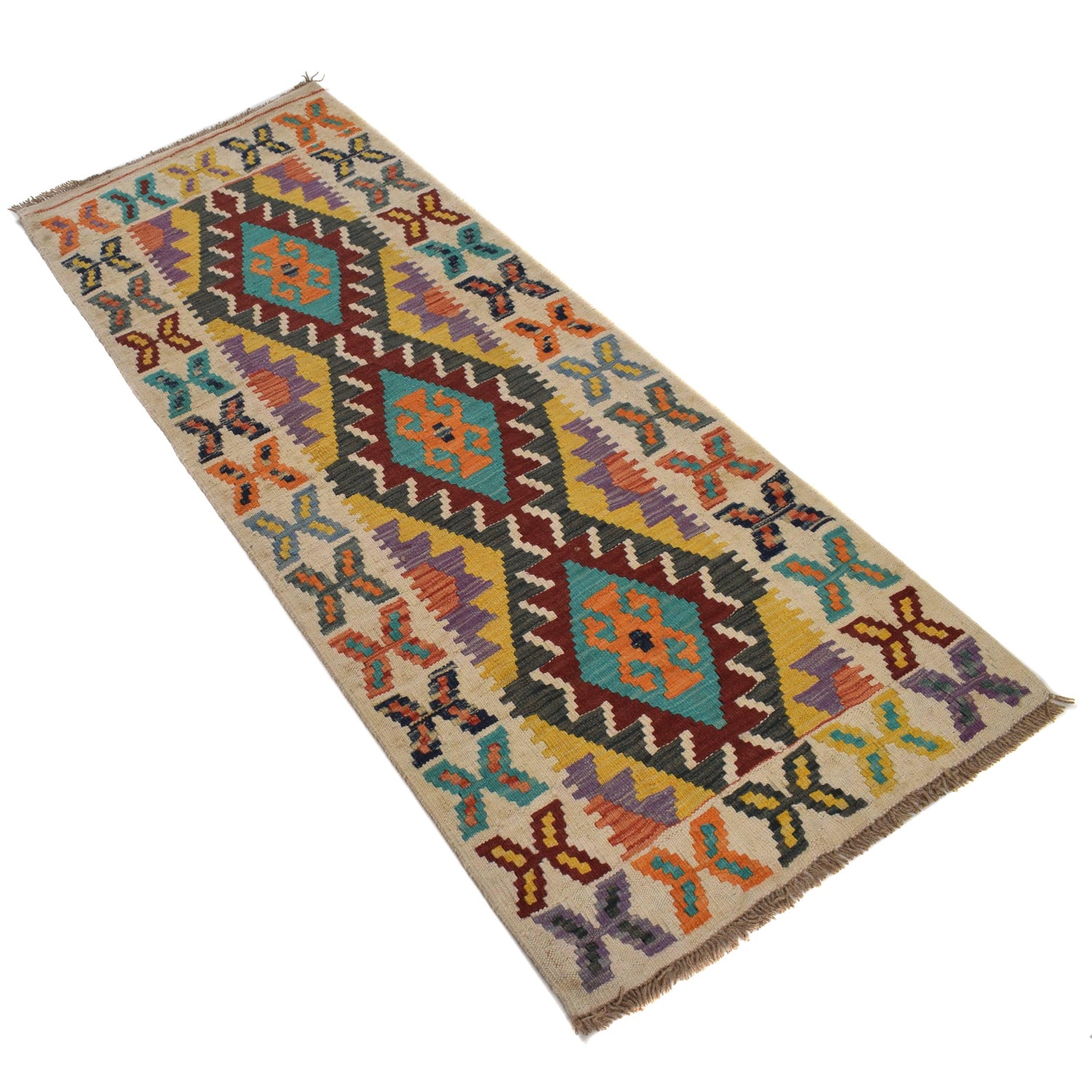 Colorful Flat-Weave Wool Kilim Runner 2' 2" x 5' 9" ft / 66 x 175 cm - No. G31286