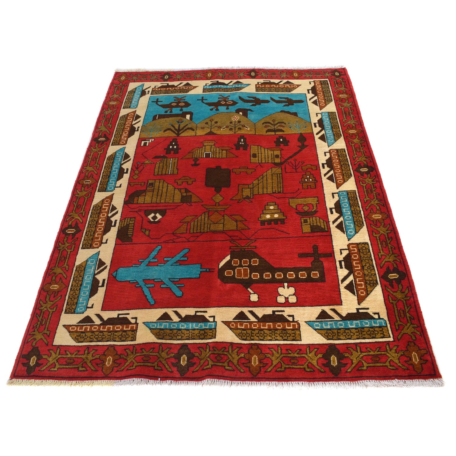 Afghan War Rug – Military Design 4' 0" x 5' 9" ft / 121 x 175 cm - No. G31620