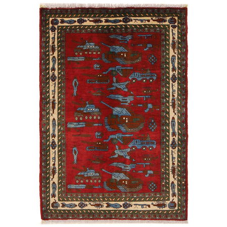 Handcrafted Afghan War Rug 3' 4" x 4' 9" ft / 102 x 144 cm - No. G31623