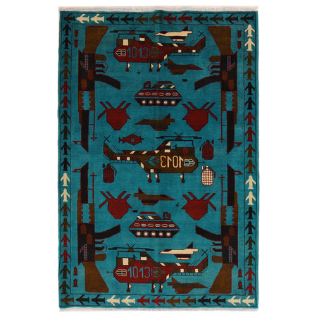 Blue Color War Rug 4' 1" x 6' 2" ft / 124 x 189 cm - No. G31656