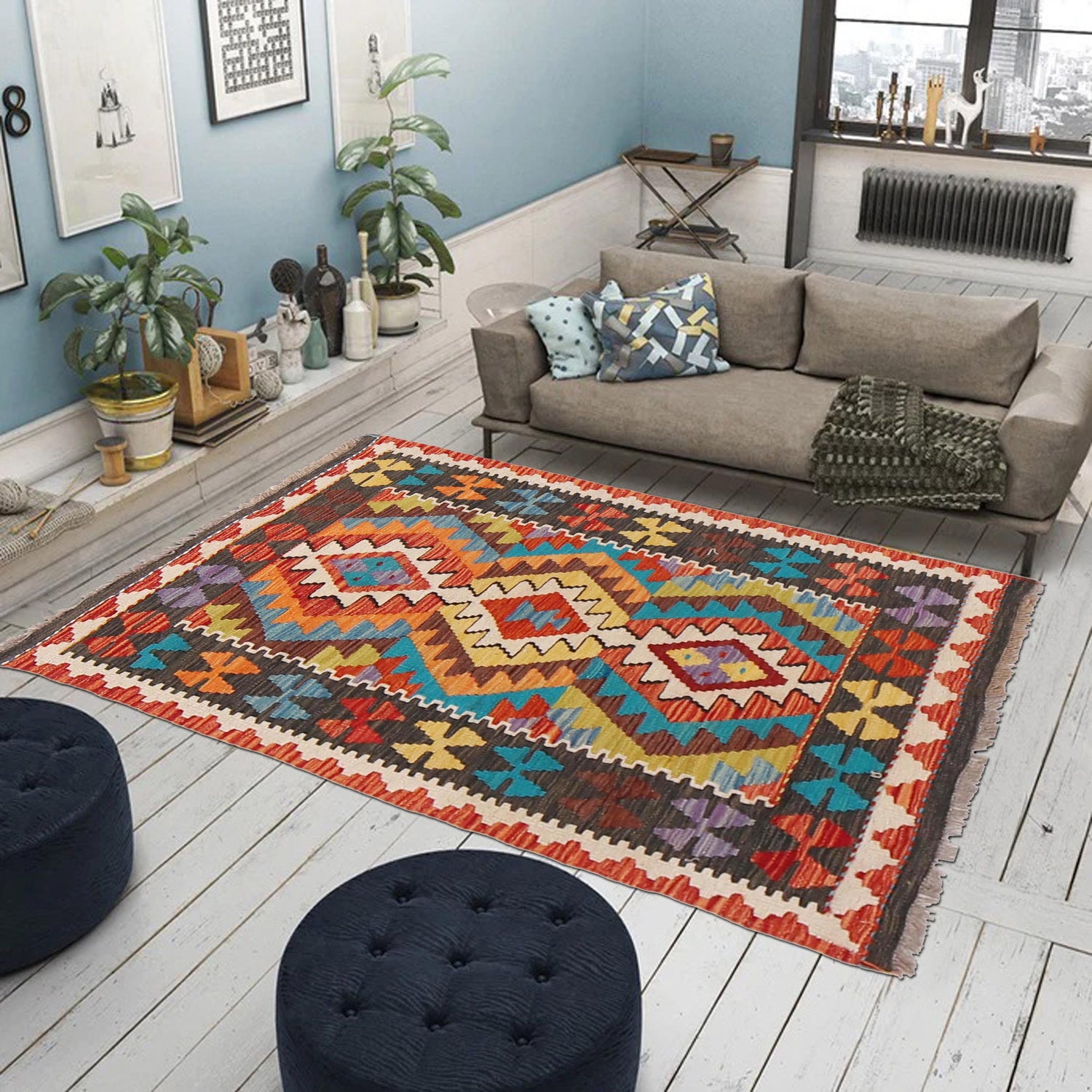 Hand Woven Wool Kelim 2' 7" x 3' 11" ft / 80 x 120 cm - No. G33007