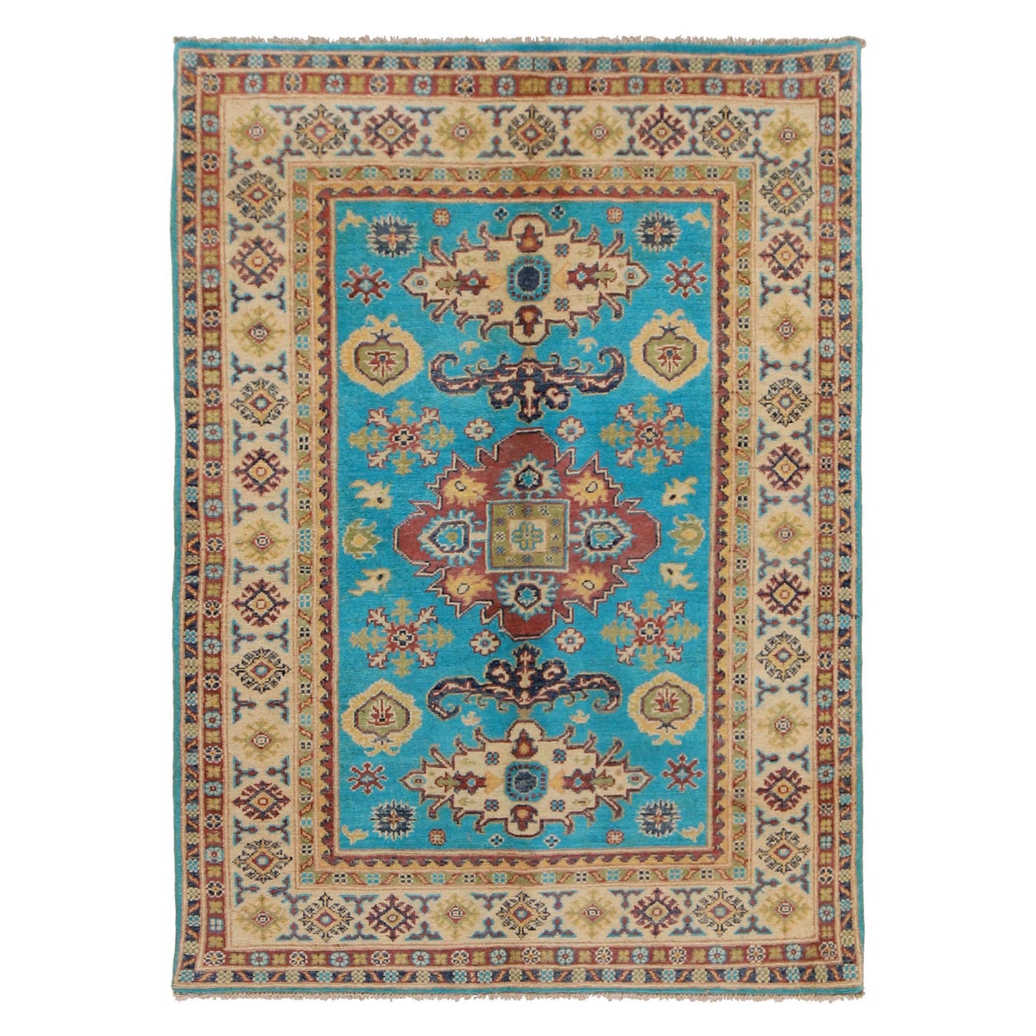 Handmade Kazak Area Rug 4' 0" x 5' 5" ft / 123 x 165 cm - No. G34022