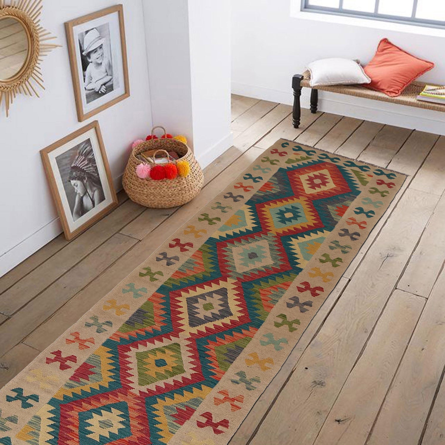 Hand Woven Wool Kelim Runner 2' 9" x 9' 9" ft / 85 x 296 cm - No. G34386