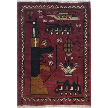 Red Color War Rug 2' 1" x 2' 11" ft / 64 x 89 cm - No. G34421