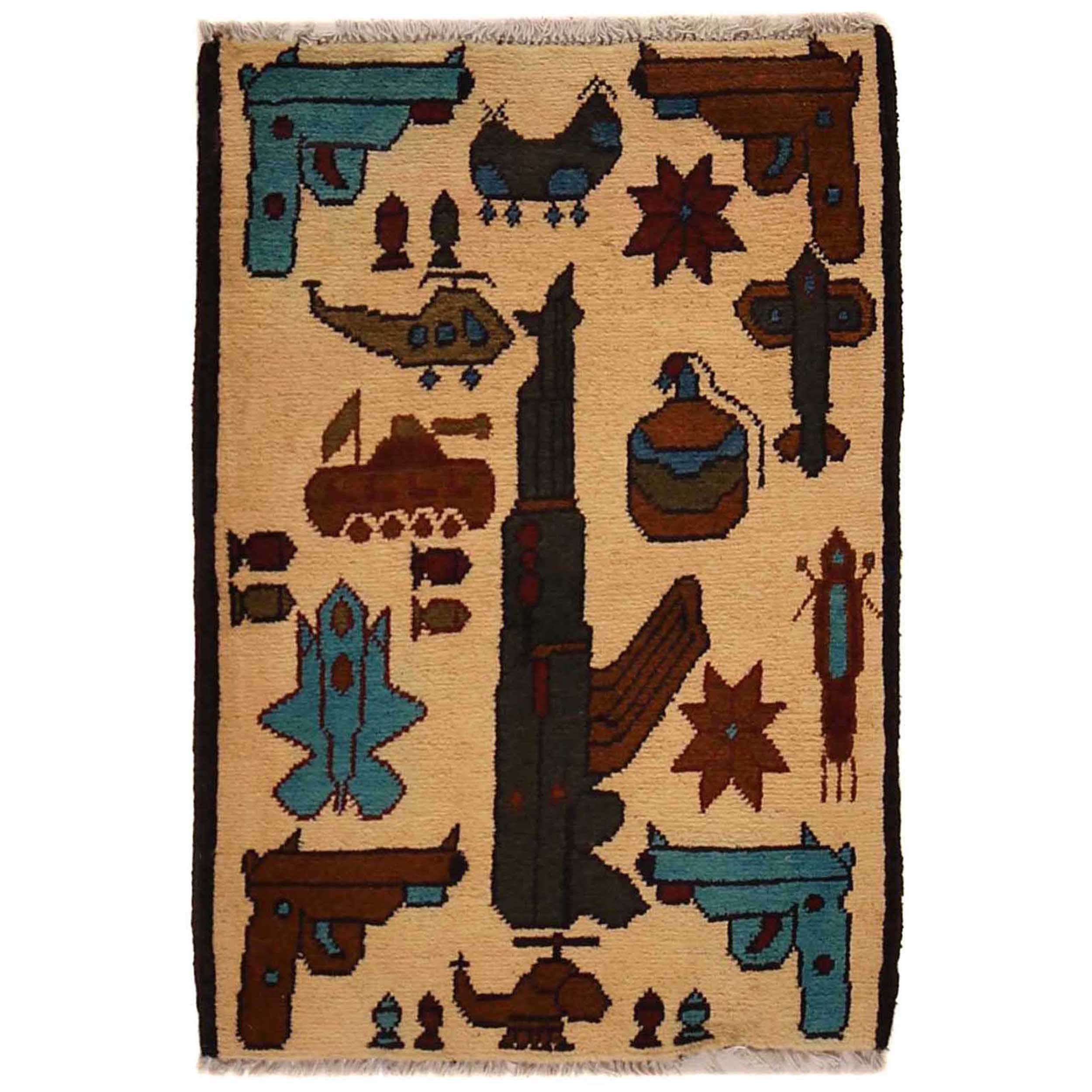 激安セール　SALE アフガンラグ　war rug手織り 153cm X 86 War Rug アフガニスタン ミリタリーデザイン トライバルラグ オールド