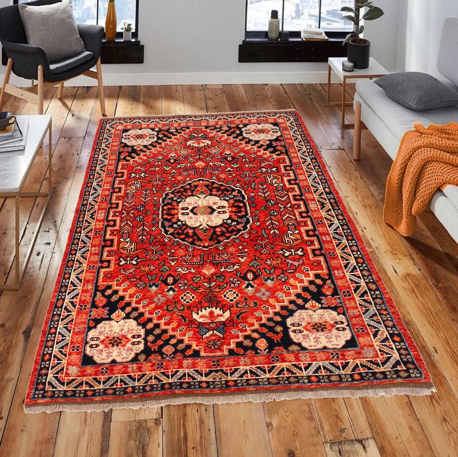 Rich Red Color Shiraz Carpet 4' 1" x 5' 11" ft / 124 x 180 cm - No. G36502