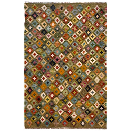 Multi Color ful Flat-Weave Wool Kilim 4' 3" x 6' 0" ft / 130 x 182 cm - No. G36658