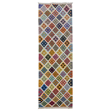 Multi Color ful Flat-Weave Wool Kilim Runner 2' 8" x 9' 7" ft / 81 x 291 cm - No. G36669