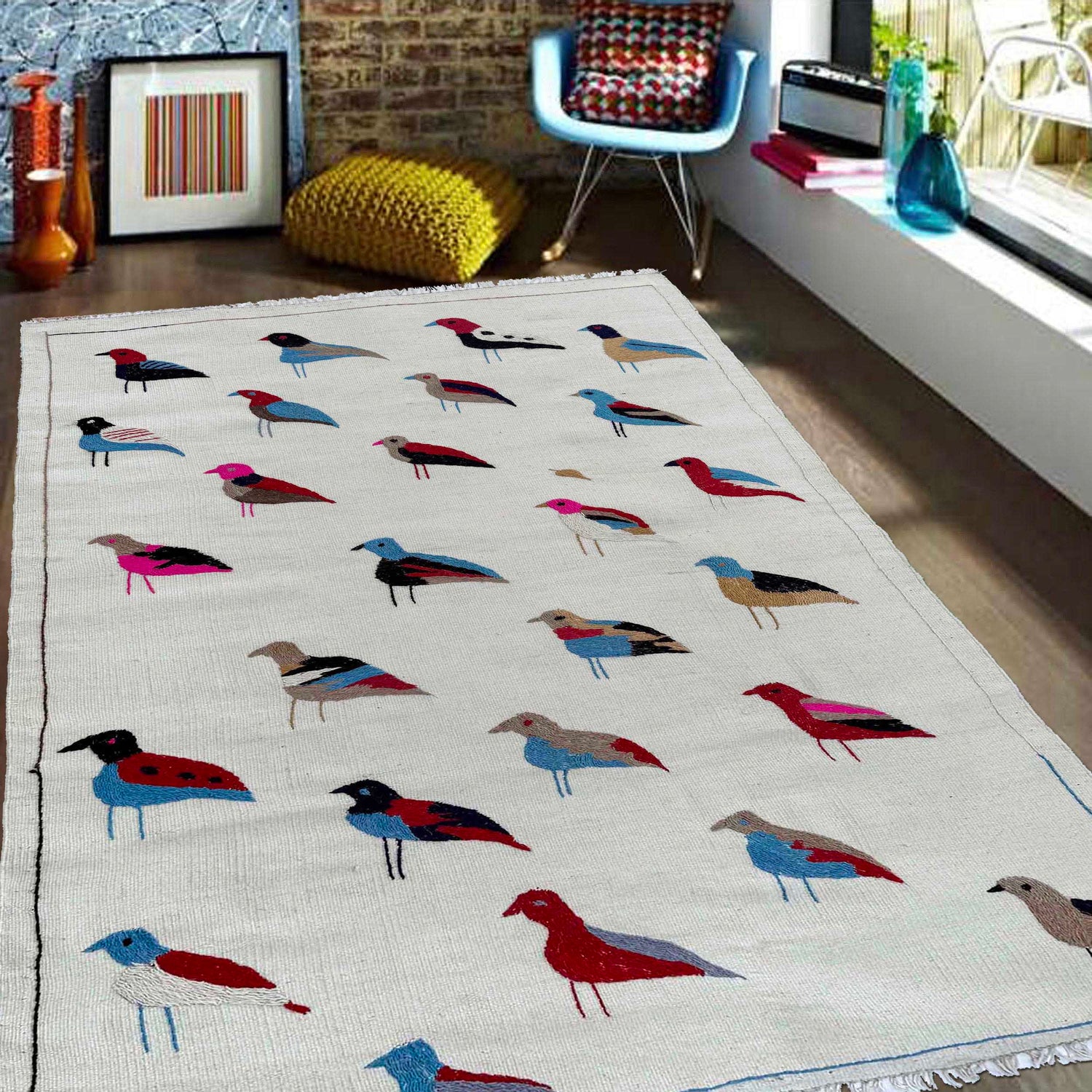 Hand Knotted Embroidery Kelim 3' 3" x 5' 9" ft / 99 x 174 cm - No. G37358