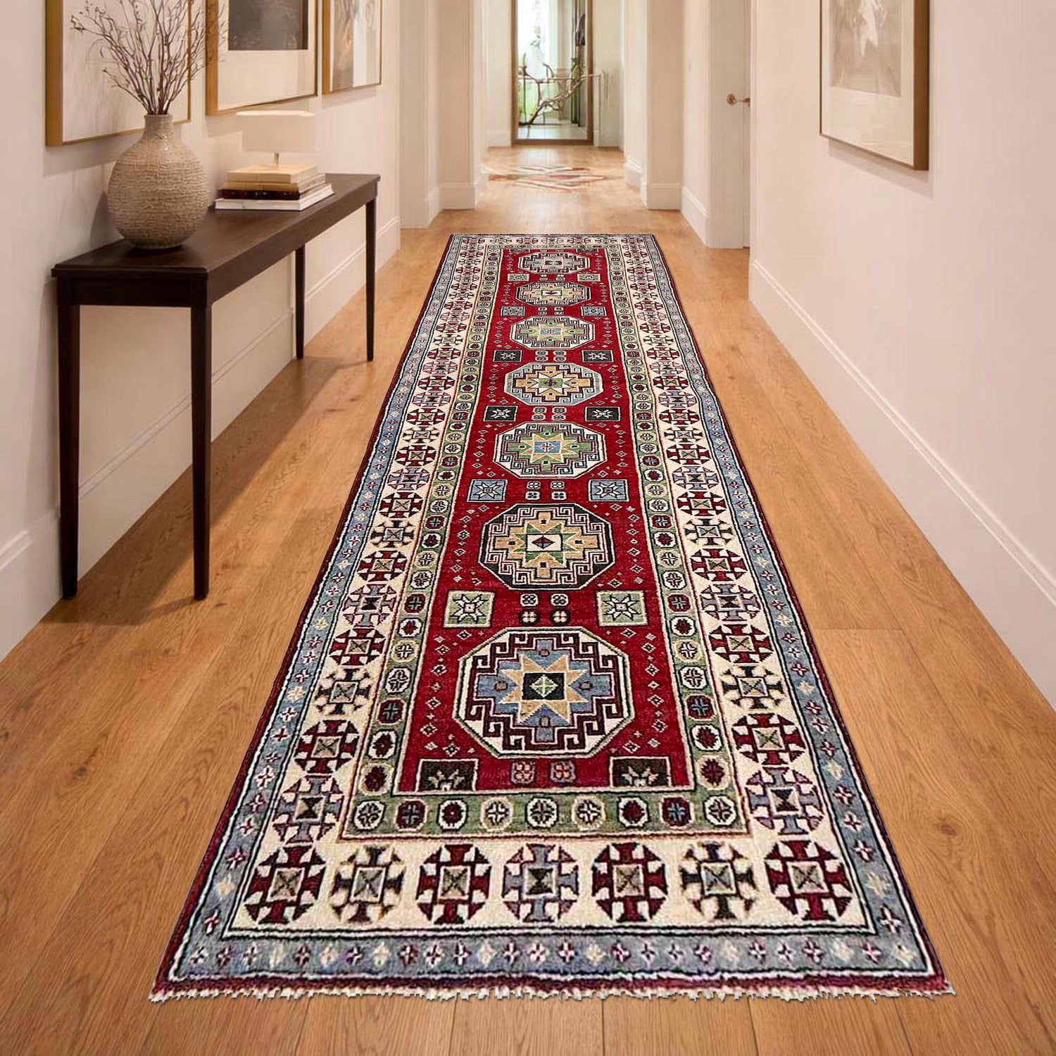 Hand Knotted Kazak Oriental Runner Rug 2' 8" x 9' 10" ft / 81 x 300 cm - No. G37562