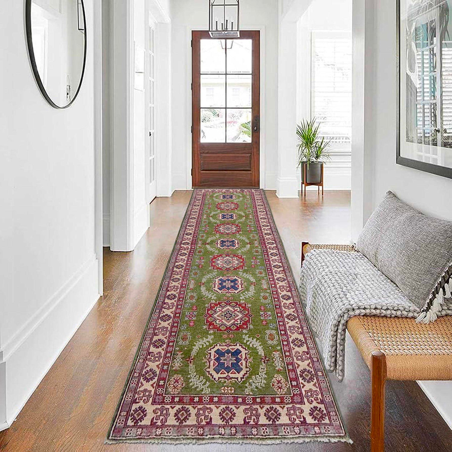 Green Color Kazak Runner Rug 2' 8" x 9' 11" ft / 82 x 301 cm - No. G37570