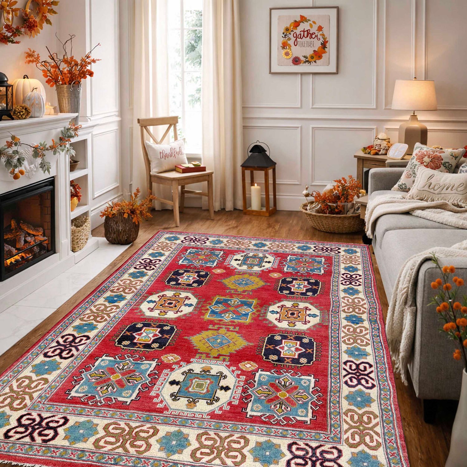 Hand knotted Kazak Carpet 5' 0" x 6' 6" ft / 152 x 199 cm - No. G37580