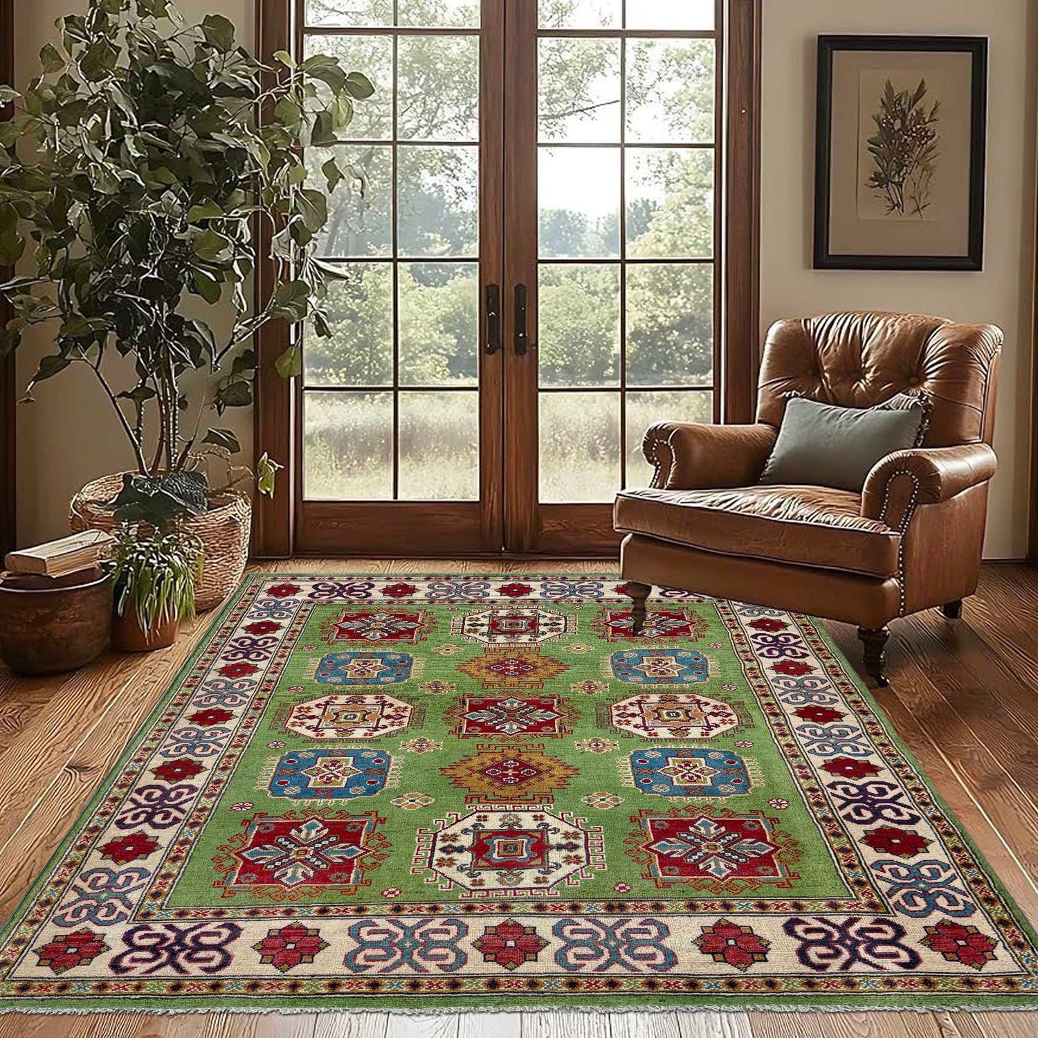 Green Color Kazak Rug 4' 11" x 6' 4" ft / 149 x 194 cm - No. G37583