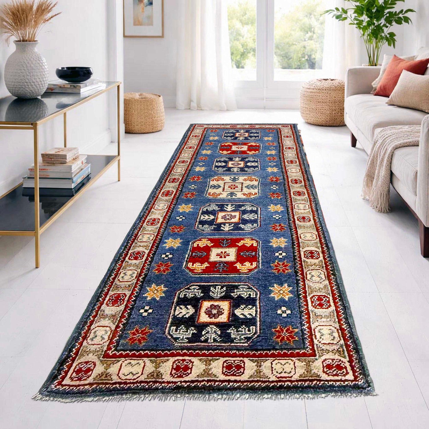 Hand knotted Kazak Runner Carpet 2' 1" x 6' 1" ft / 63 x 185 cm - No. G37591