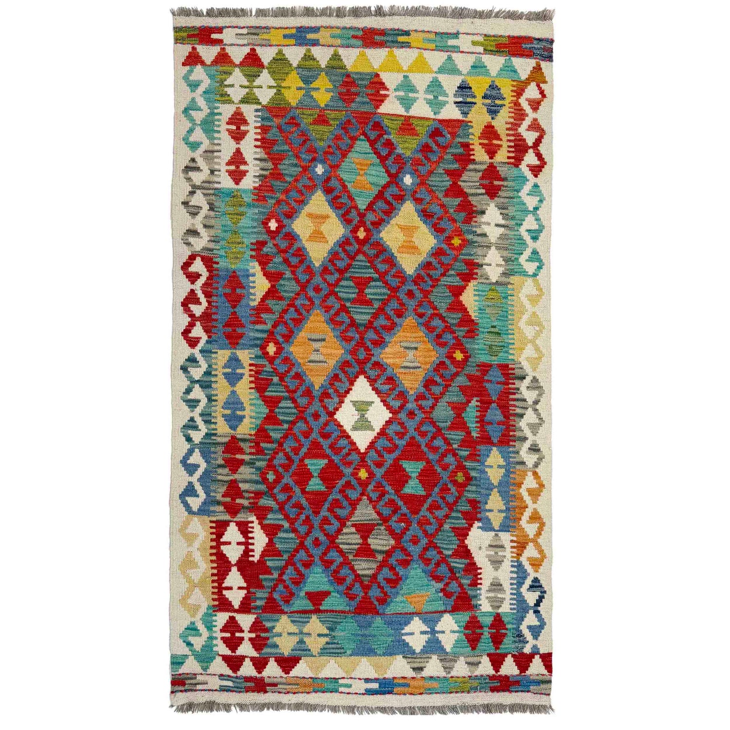 Multi Color ful Flat-Weave Wool Kilim 3' 1" x 5' 9" ft / 95 x 174 cm - No. G38576