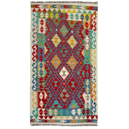 Multi Color ful Flat-Weave Wool Kilim 3' 1" x 5' 9" ft / 95 x 174 cm - No. G38576