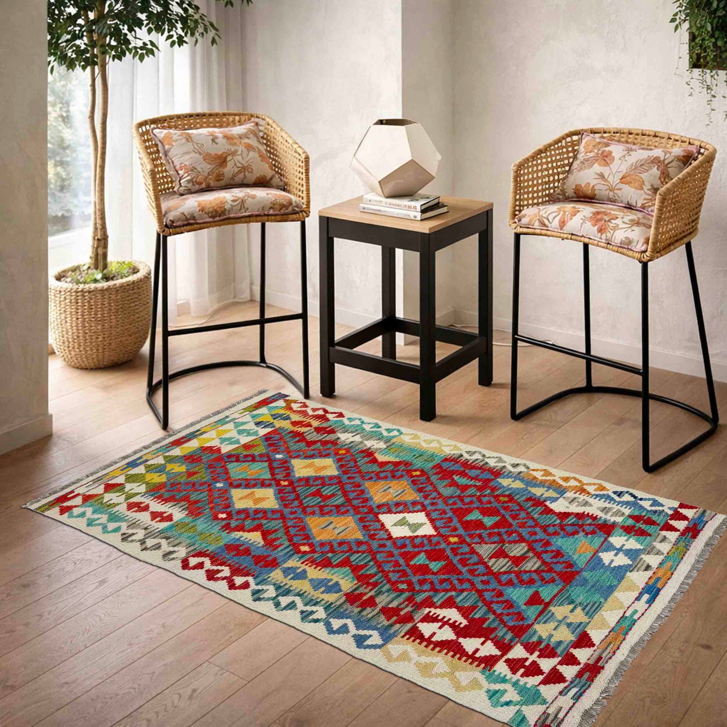Multi Color ful Flat-Weave Wool Kilim 3' 1" x 5' 9" ft / 95 x 174 cm - No. G38576