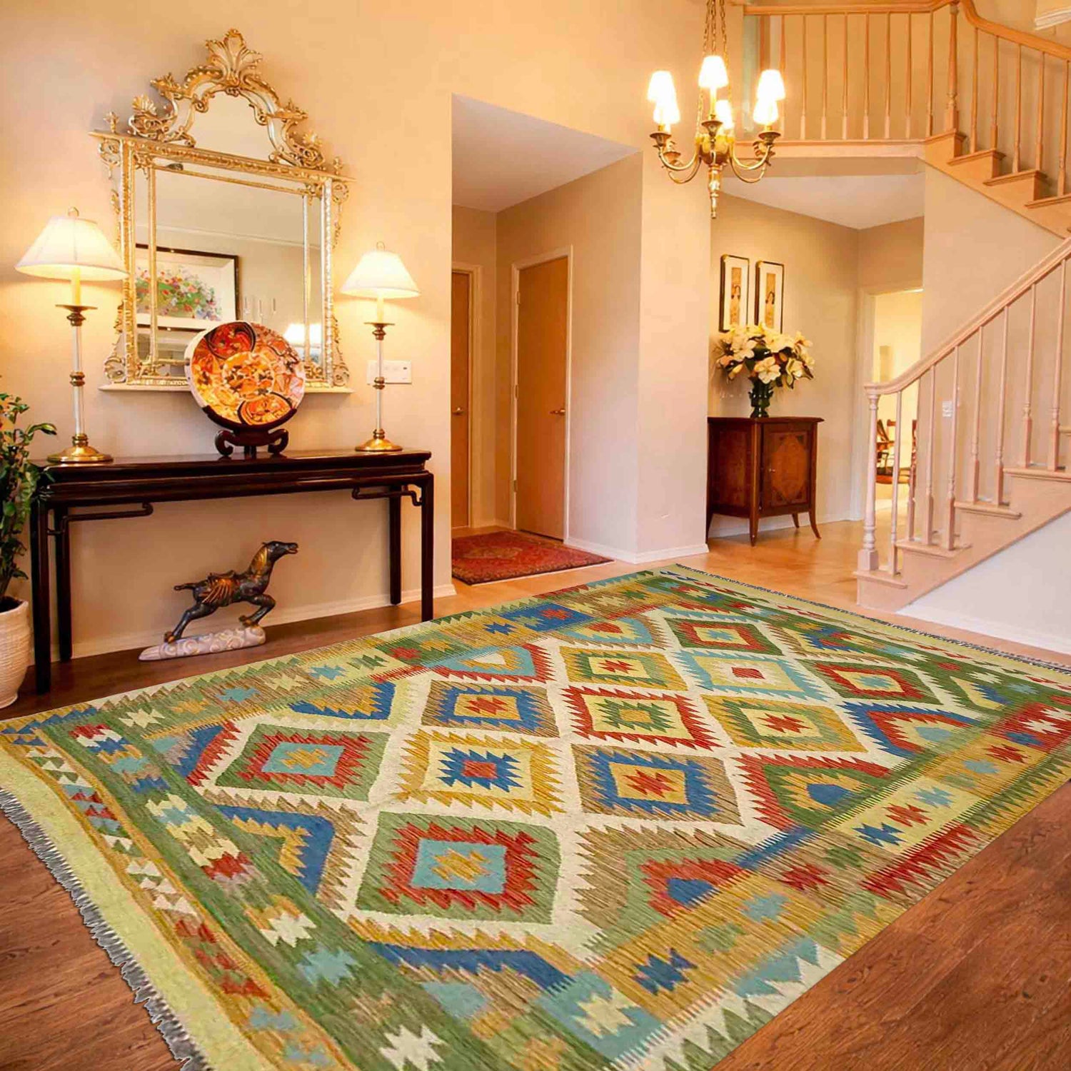 Hand Knotted Afghan Style Kilim 5' 6" x 8' 0" ft / 167 x 243 cm - No. G38836