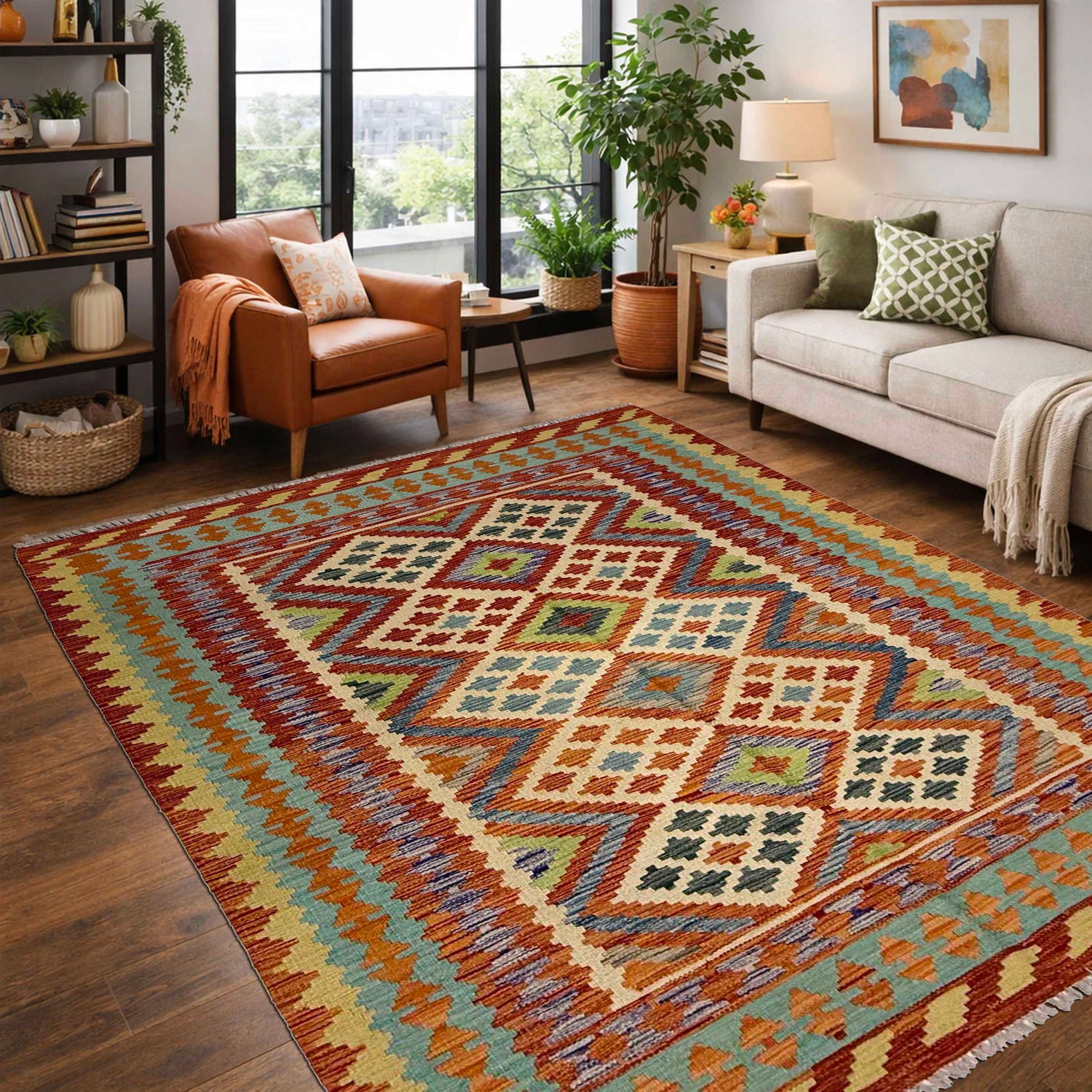 Handmade Afghan Vegetable Kilim 4' 10" x 6' 4" ft / 148 x 193 cm - No. G38843