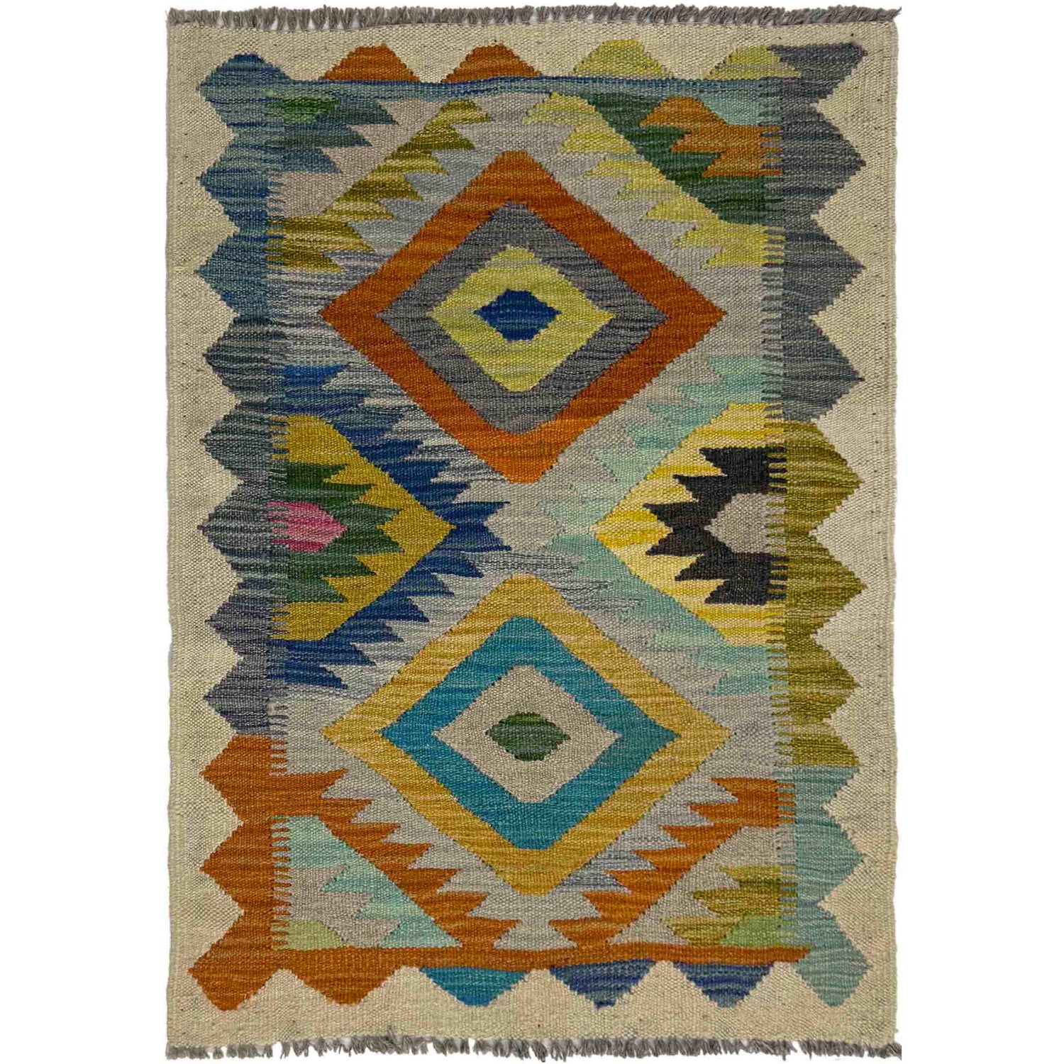 Multi Color ful Flat-Weave Wool Kilim 2' 0" x 3' 0" ft / 60 x 91 cm - No. G38859