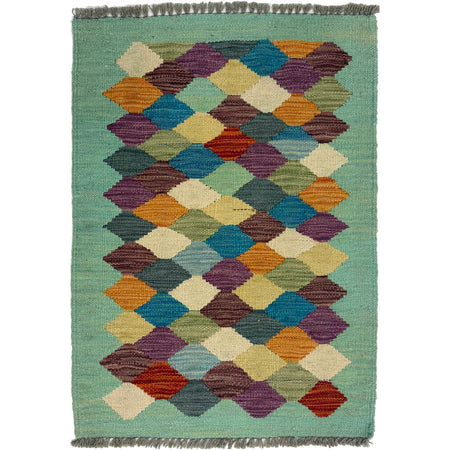Multi Color ful Flat-Weave Wool Kilim 1' 10" x 2' 7" ft / 57 x 80 cm - No. G38867