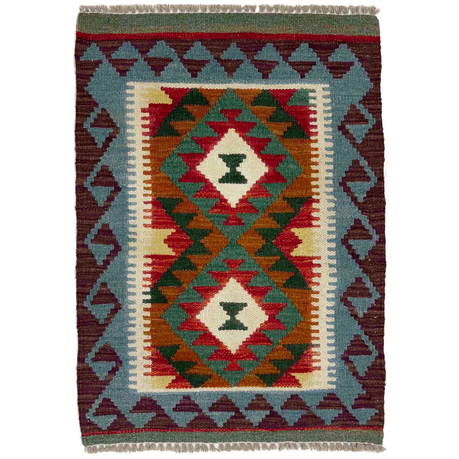 Multi Color ful Flat-Weave Wool Kilim 2' 1" x 2' 11" ft / 63 x 90 cm - No. G38869