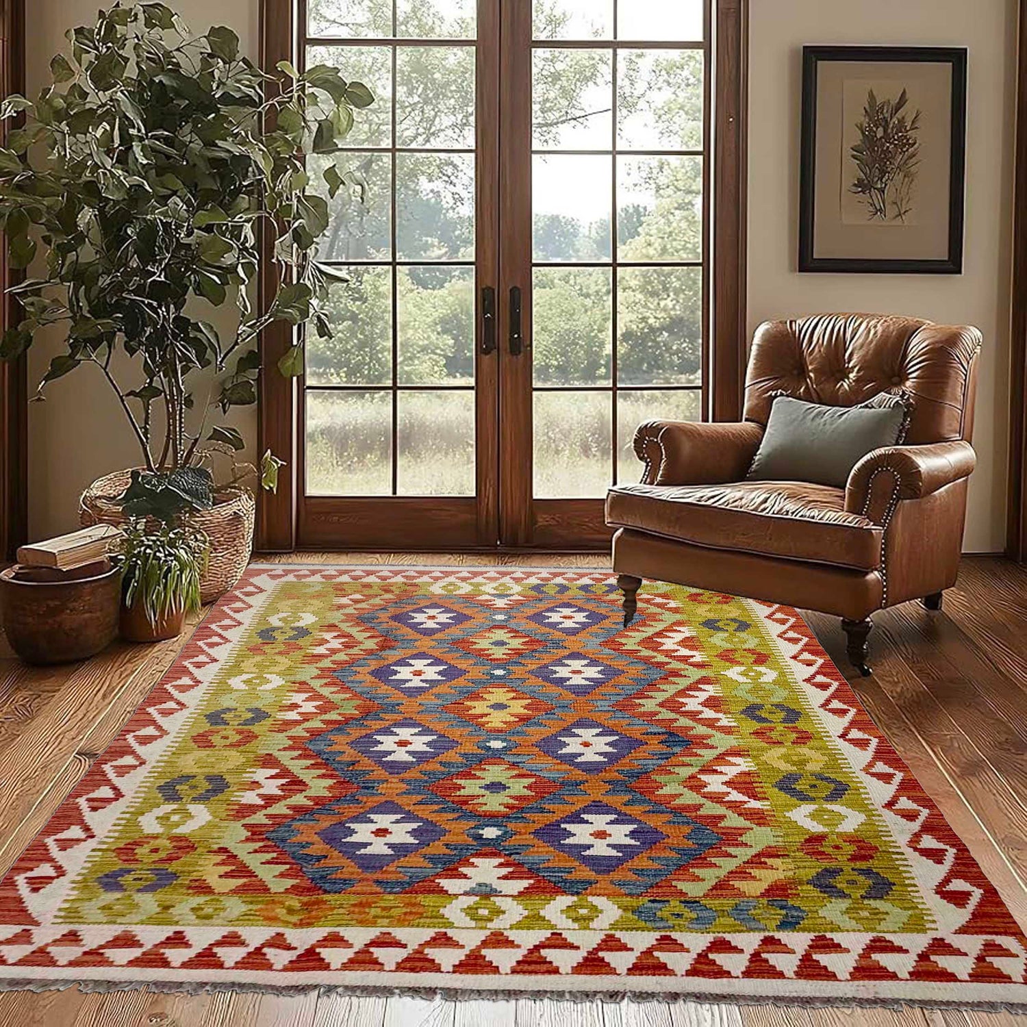 Handmade Afghan Vegetable Kilim 4' 5" x 6' 4" ft / 135 x 192 cm - No. G38880