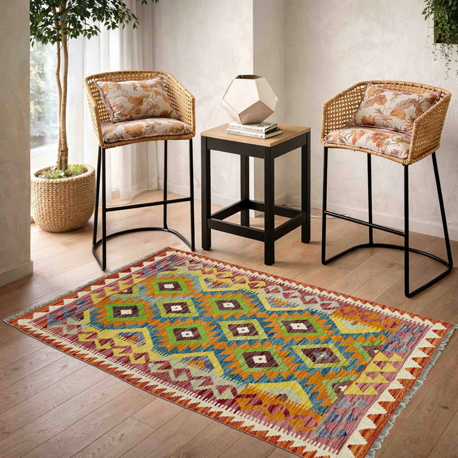 Handmade Afghan Vegetable Kilim 3' 5" x 4' 10" ft / 104 x 147 cm - No. G38898