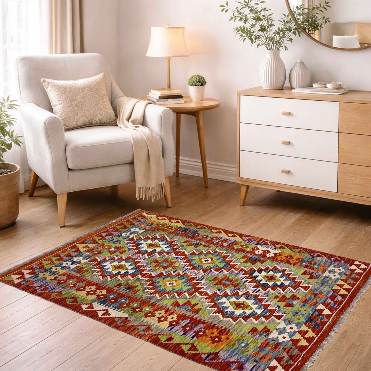 Hand Woven Wool Kelim 3' 5" x 4' 11" ft / 105 x 150 cm - No. G38900