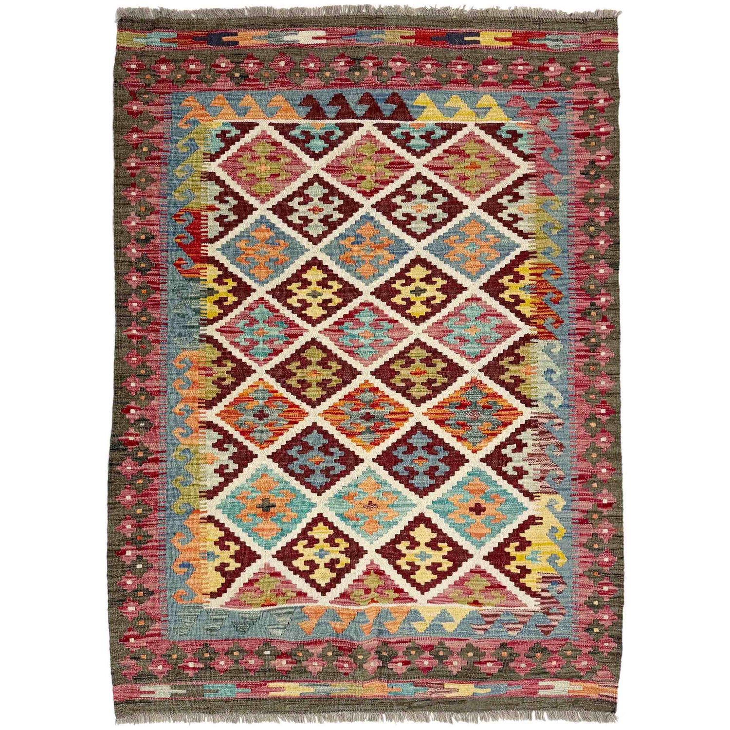 Hand Knotted Afghan Style Kilim 4' 2" x 5' 9" ft / 127 x 174 cm - No. G38903