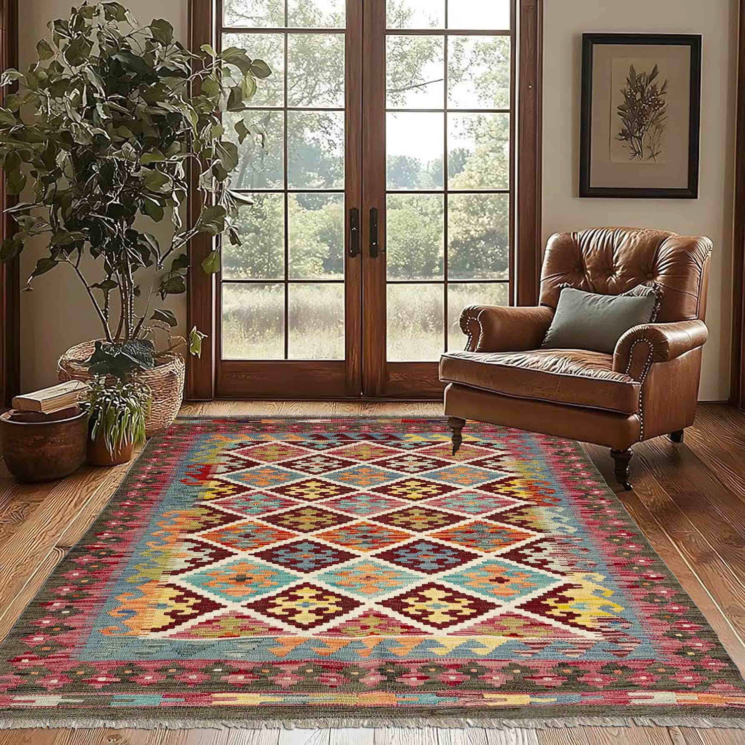 Hand Knotted Afghan Style Kilim 4' 2" x 5' 9" ft / 127 x 174 cm - No. G38903