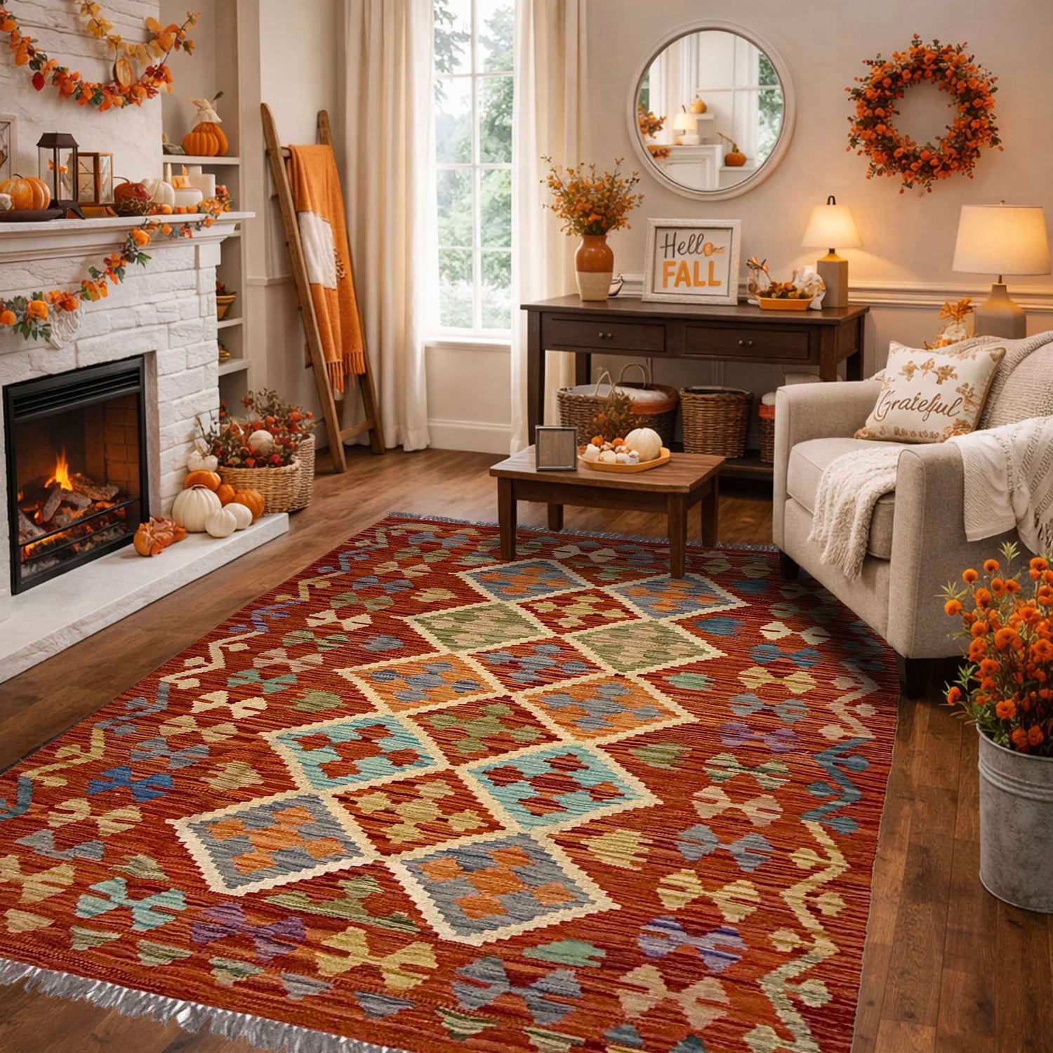 Handmade Turkish Design Wool Kilim 4' 2" x 5' 8" ft / 126 x 172 cm - No. G38904