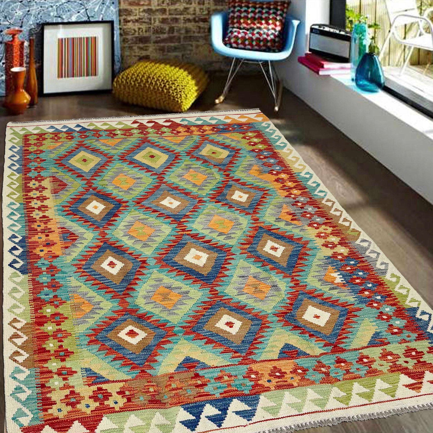 Hand Made Afghan Kilim 5' 1" x 6' 5" ft / 154 x 195 cm - No. G38906
