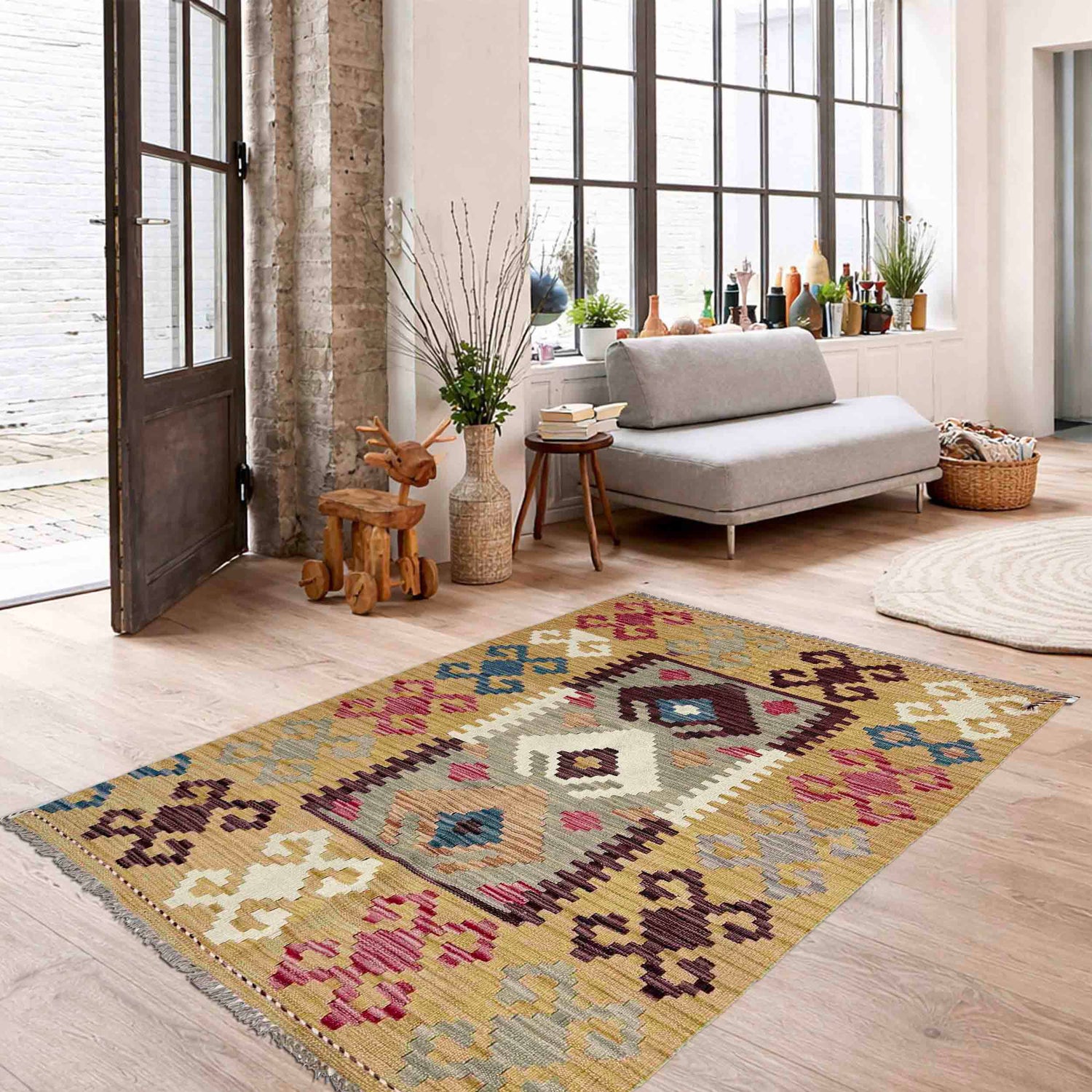 Handmade Vegetable Kelim 3' 2" x 4' 11" ft / 96 x 150 cm - No. G38911