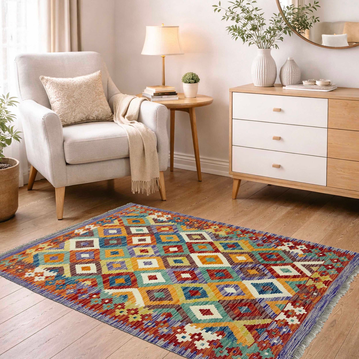 Handmade Turkish Design Wool Kilim 3' 3" x 4' 8" ft / 100 x 143 cm - No. G38913