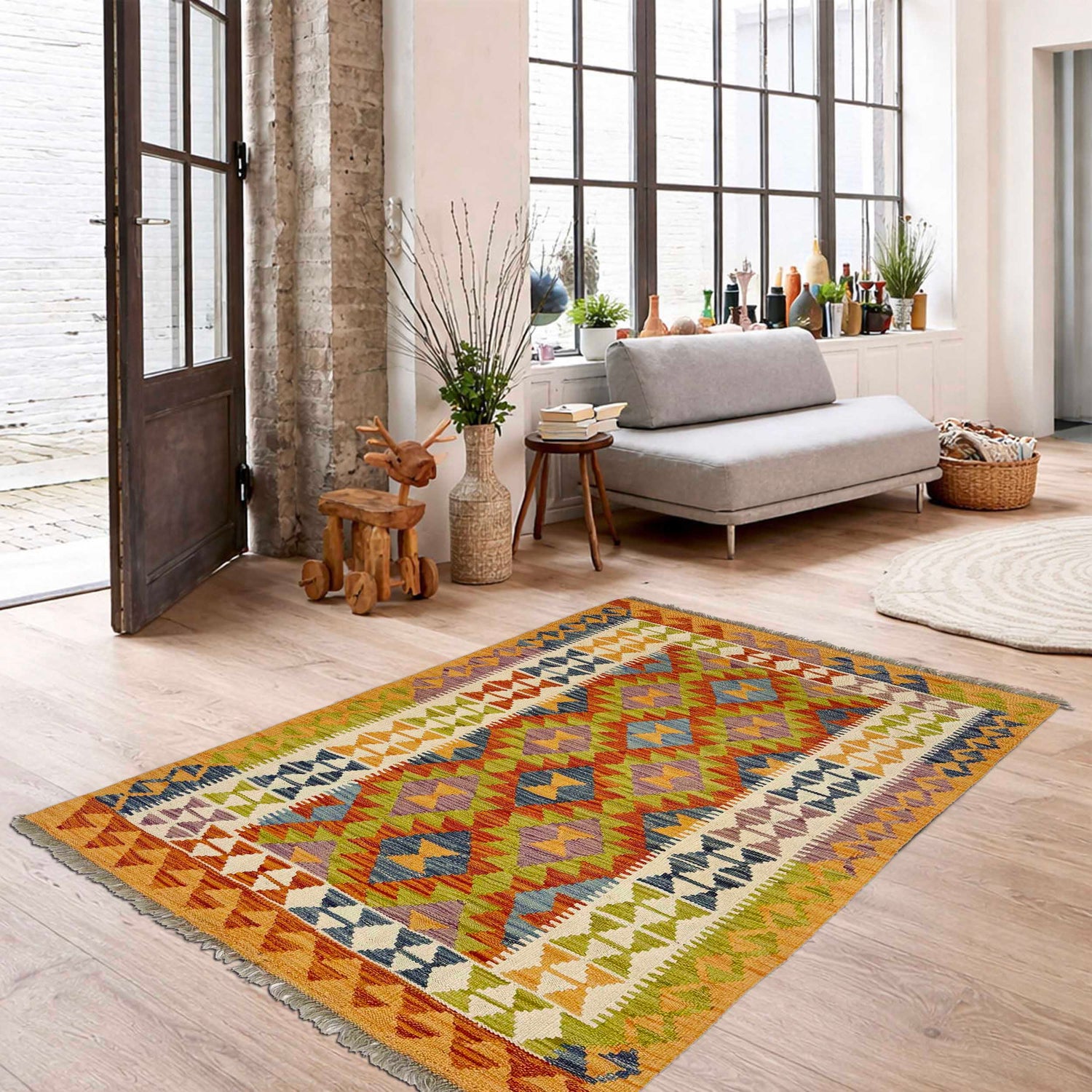Hand Knotted Flatweave Kilim 3' 5" x 5' 3" ft / 104 x 159 cm - No. G38924