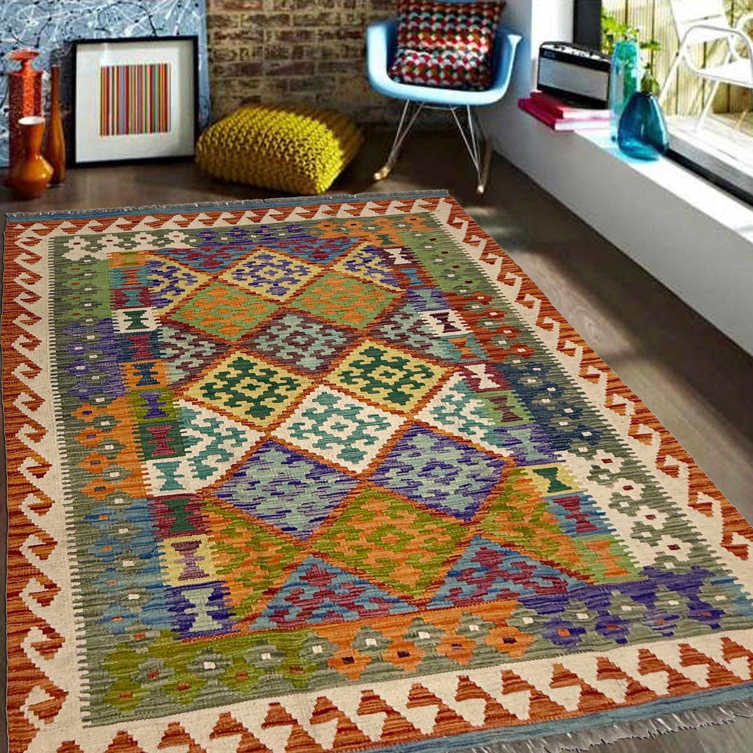 Hand Knotted Flatweave Kilim 4' 10" x 6' 7" ft / 148 x 200 cm - No. G38927