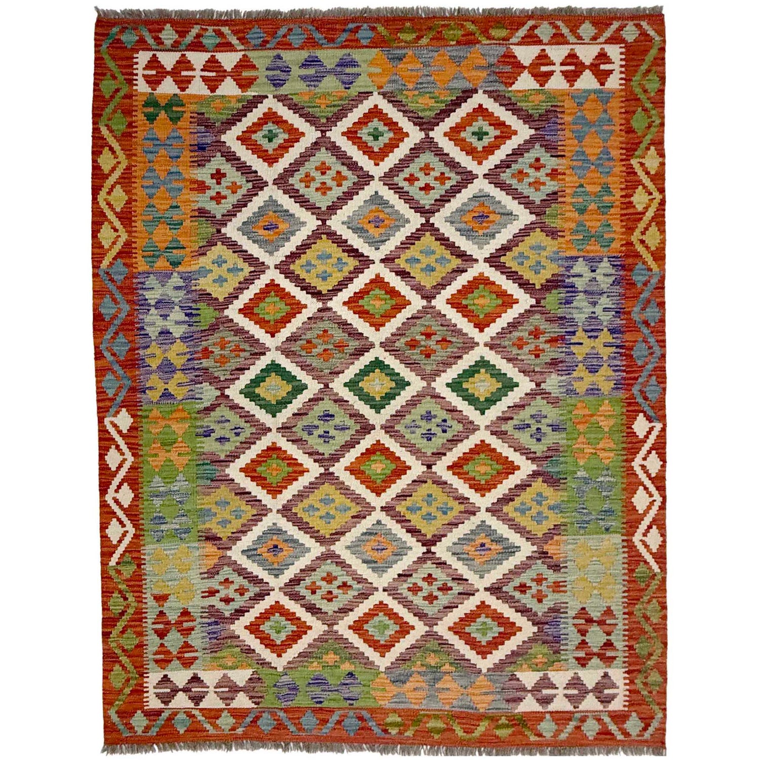Multi Color ful Flat-Weave Wool Kilim 4' 11" x 6' 6" ft / 150 x 197 cm - No. G38928