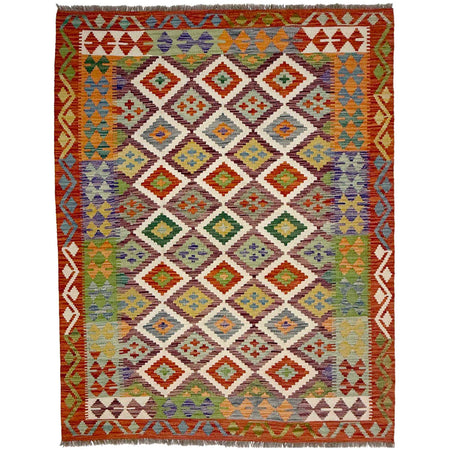 Multi Color ful Flat-Weave Wool Kilim 4' 11" x 6' 6" ft / 150 x 197 cm - No. G38928