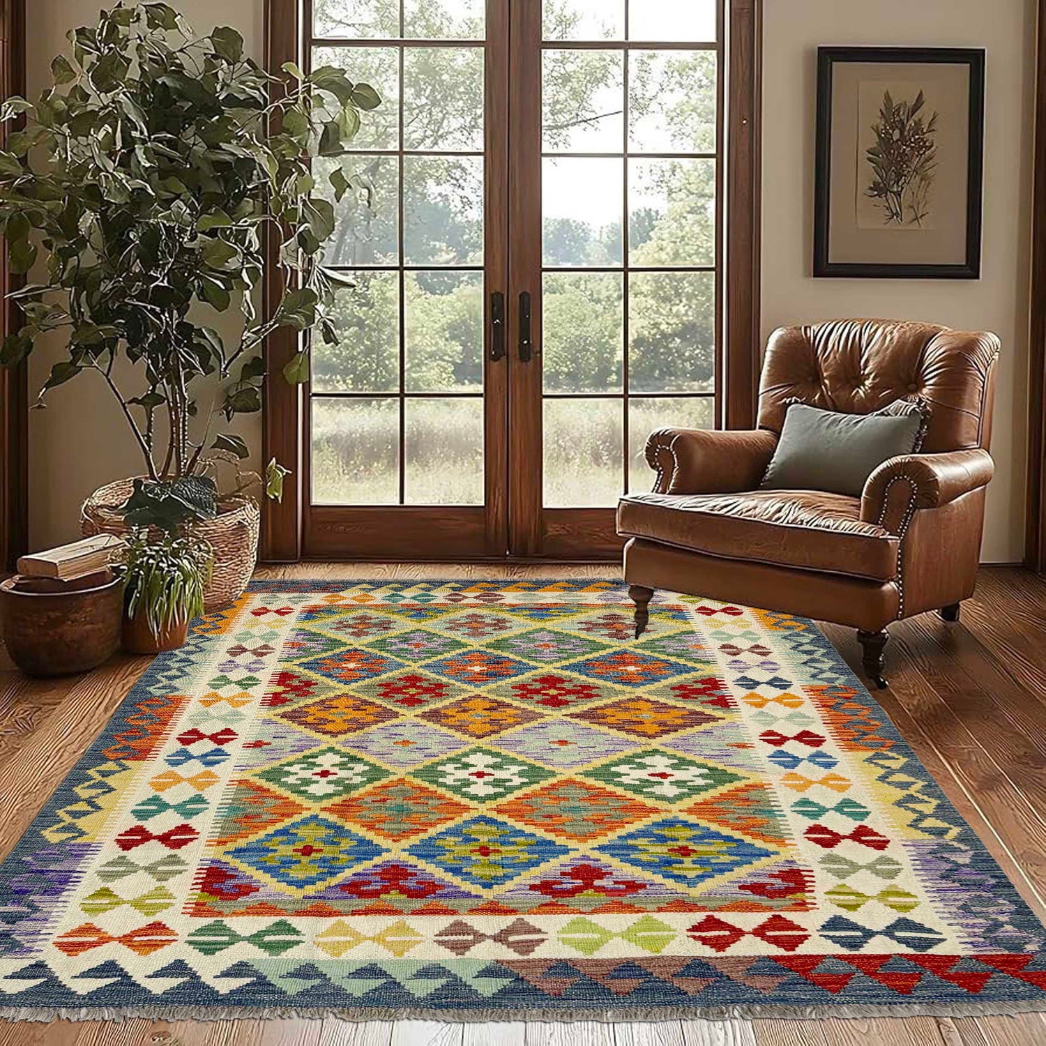 Handmade Vegetable Kelim 4' 10" x 6' 6" ft / 147 x 197 cm - No. G38933