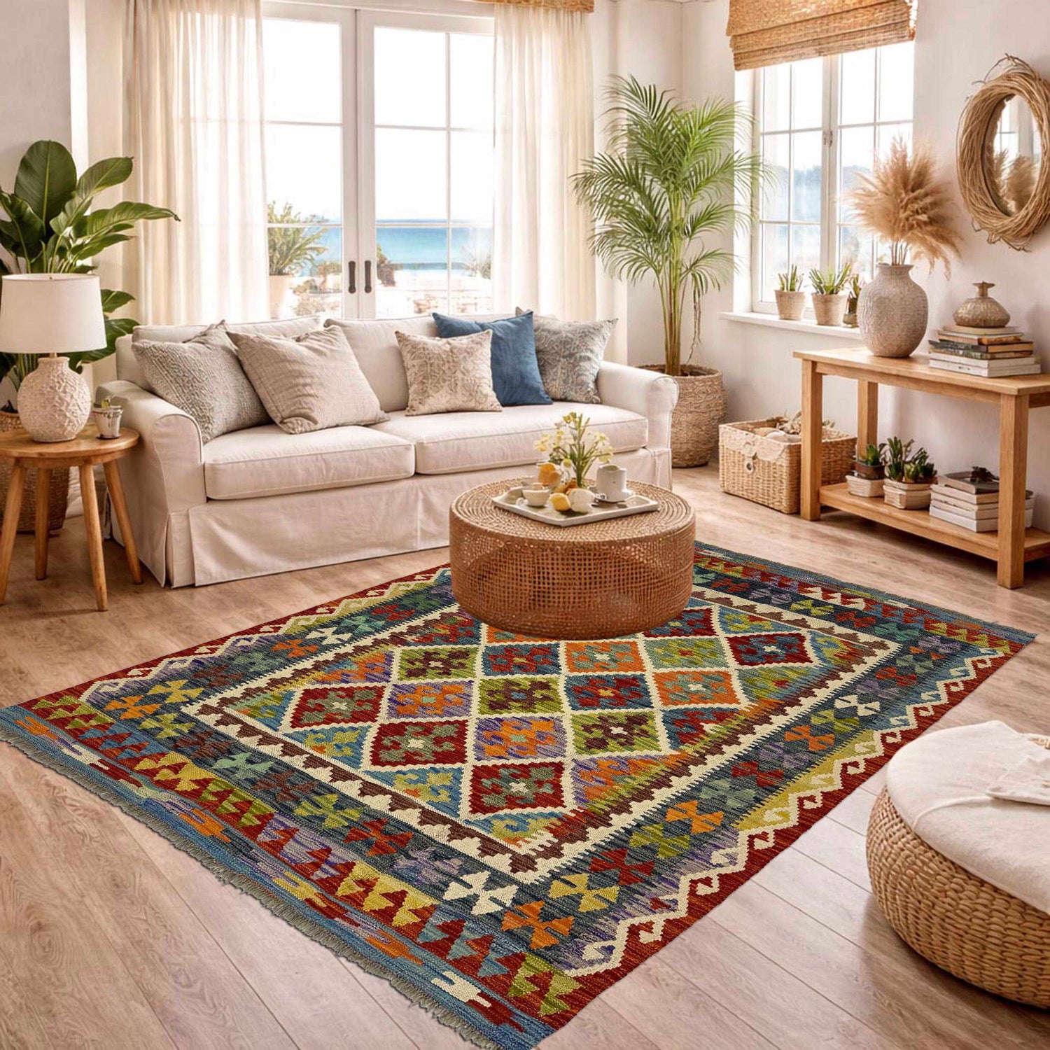 Hand Knotted Afghan Style Kilim 5' 1" x 6' 0" ft / 154 x 183 cm - No. G38934