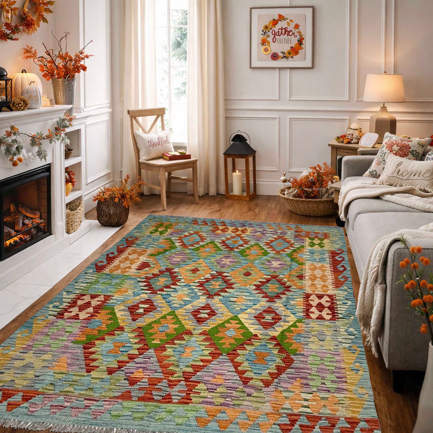 Hand Made Afghan Kilim 5' 0" x 6' 7" ft / 153 x 200 cm - No. G38937