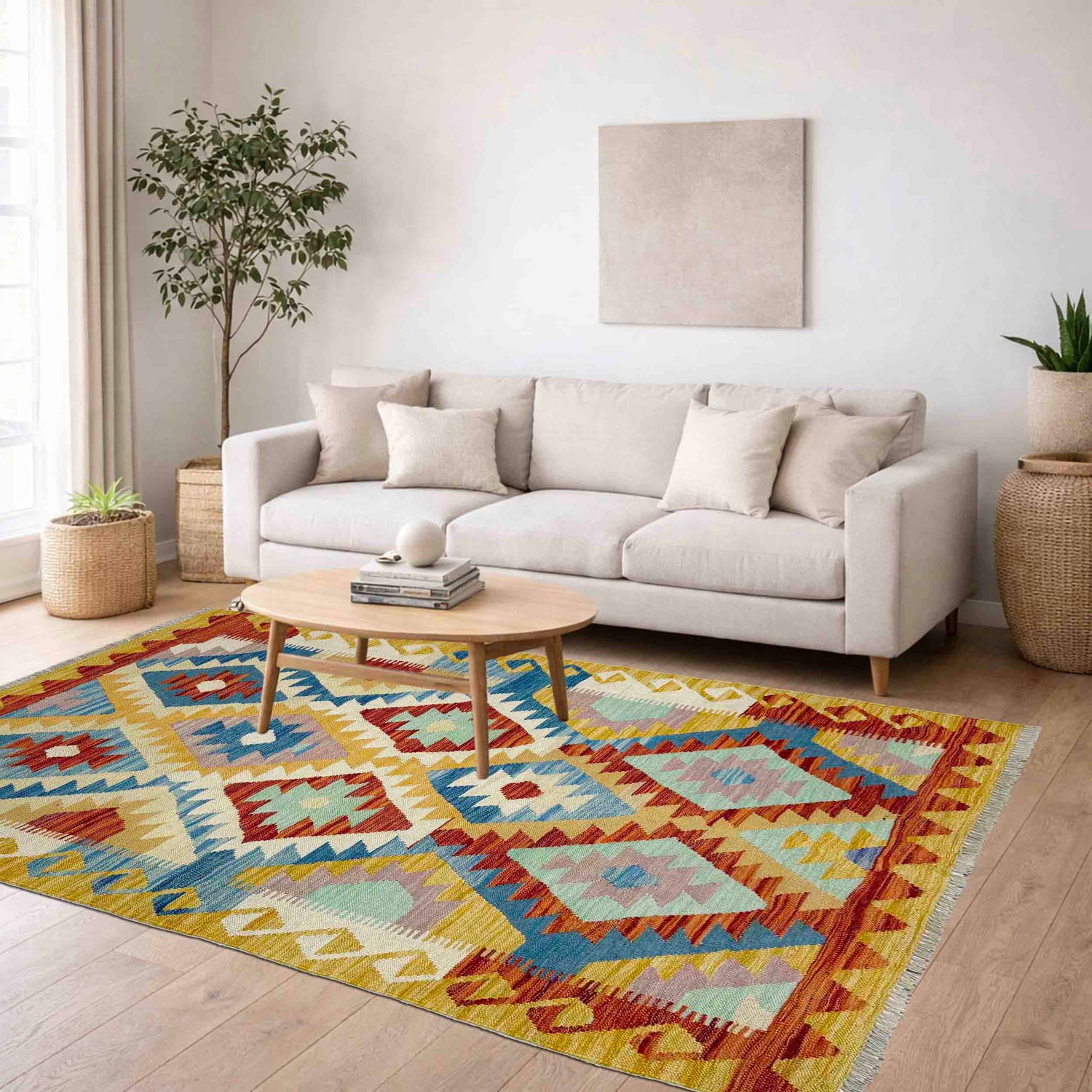 Hand Woven Wool Kelim 4' 2" x 5' 8" ft / 128 x 173 cm - No. G39088