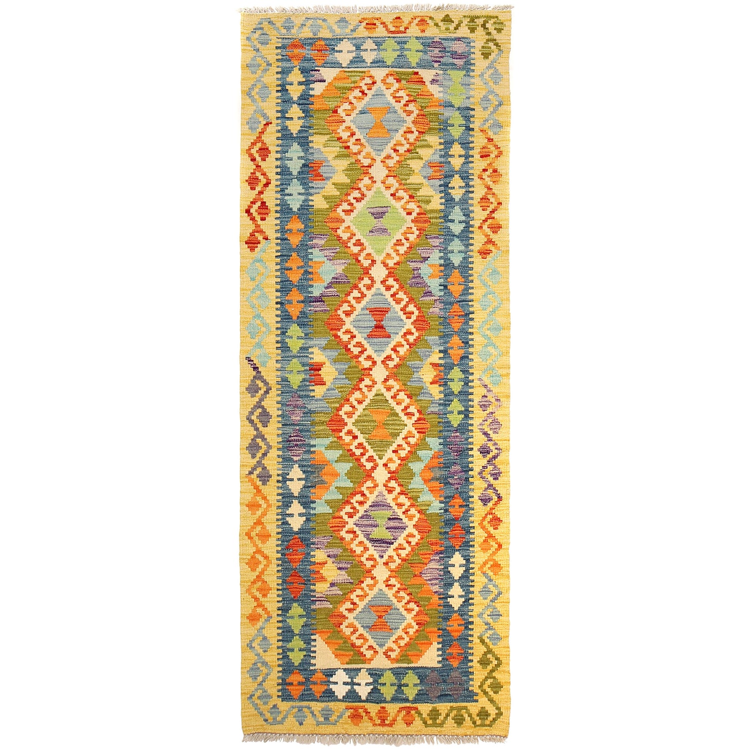 Colorful Flat-Weave Wool Kilim Runner 2' 4" x 6' 10" ft / 71 x209 cm - No. P26520