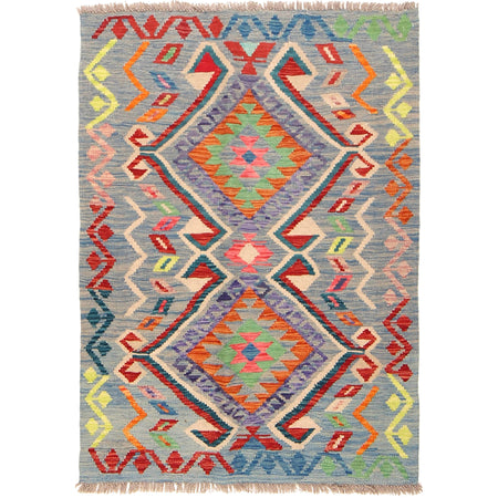 Colorful Flat-Weave Wool Kilim 3' 4" x 4' 8" ft / 102 x 143 cm - No. P26921