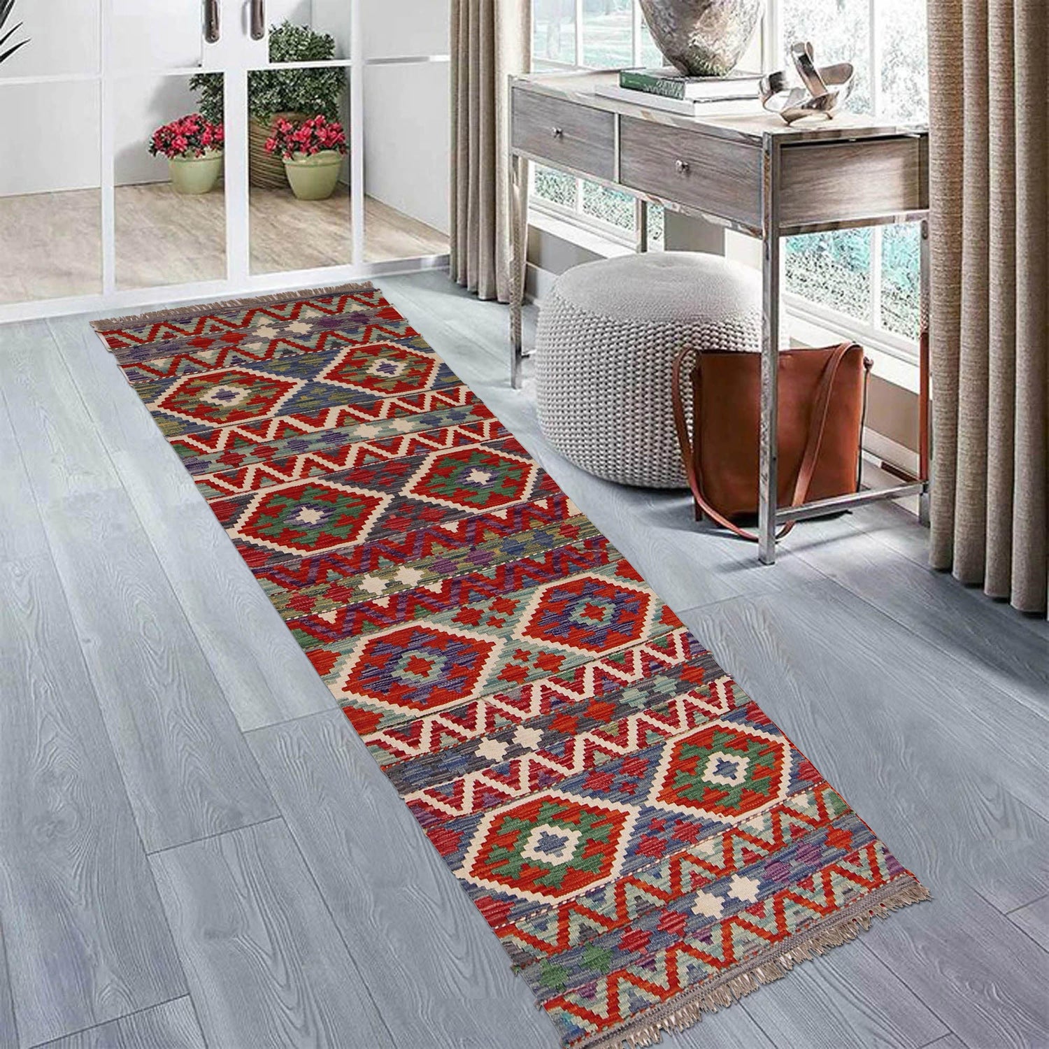 Hand Knotted Flatweave Kilim Runner 2' 5" x 6' 8" ft / 73 x 203 cm - No. P34244
