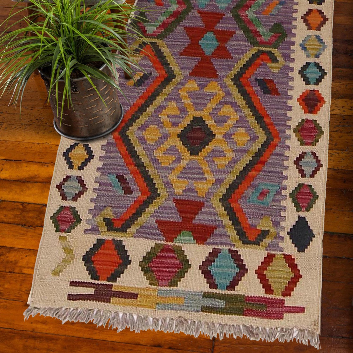 Multi Color ful Flat-Weave Wool Kilim Runner 1' 9" x 6' 6" ft / 54 x 198 cm - No. P34270