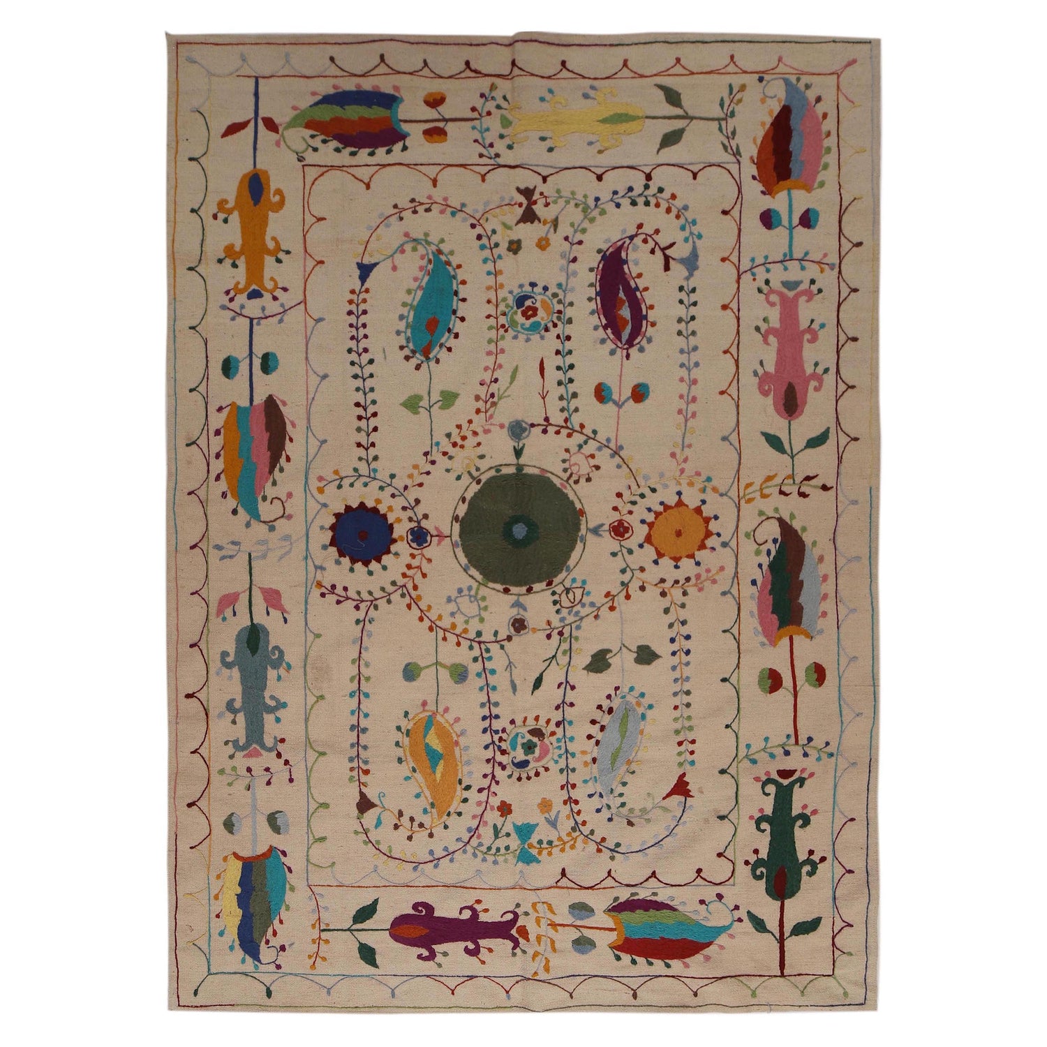 Beige Color Embroidery Flat Weave Kilim 5' 5" x 7' 10" ft / 165 x 239 cm - No. P34396