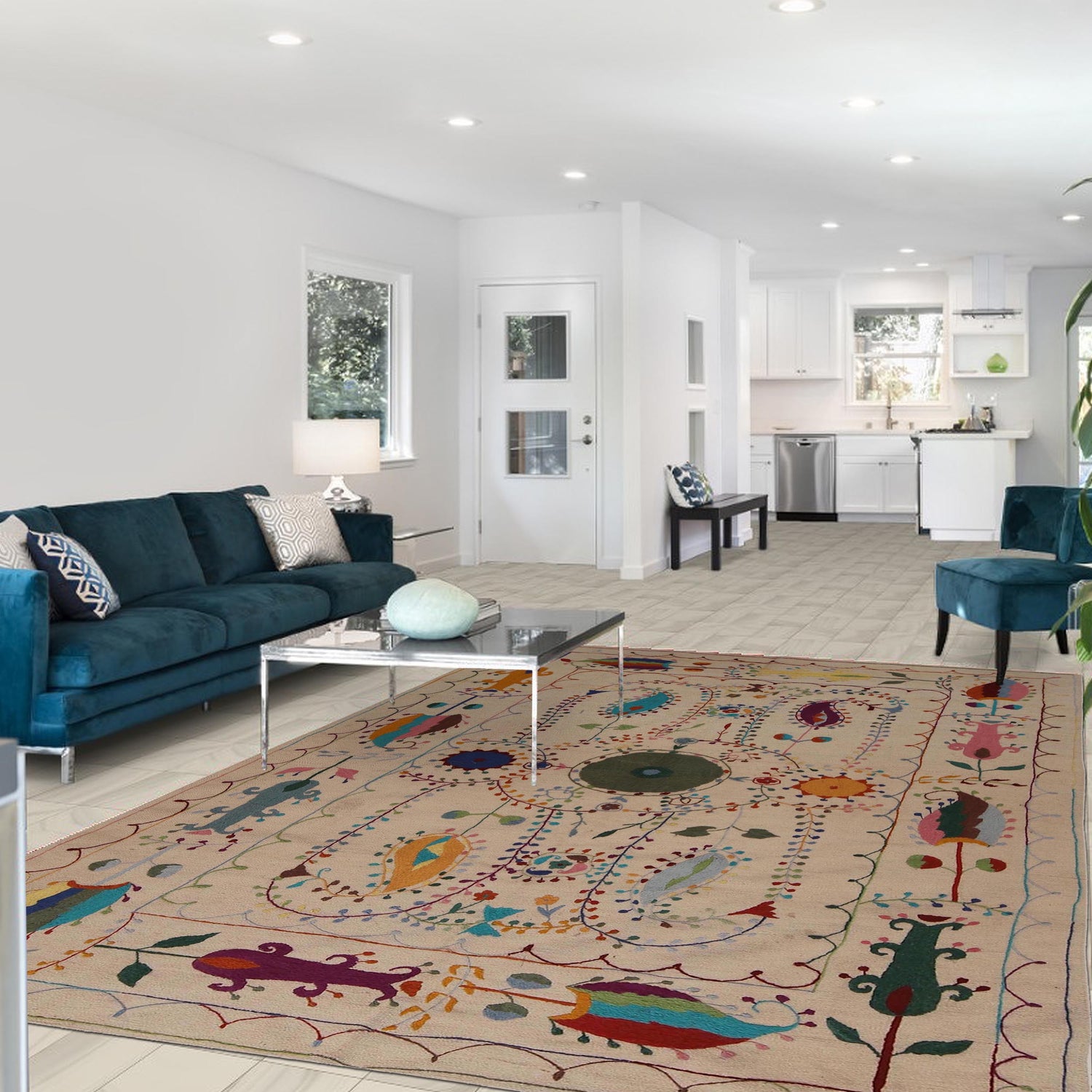 Beige Color Embroidery Flat Weave Kilim 5' 5" x 7' 10" ft / 165 x 239 cm - No. P34396