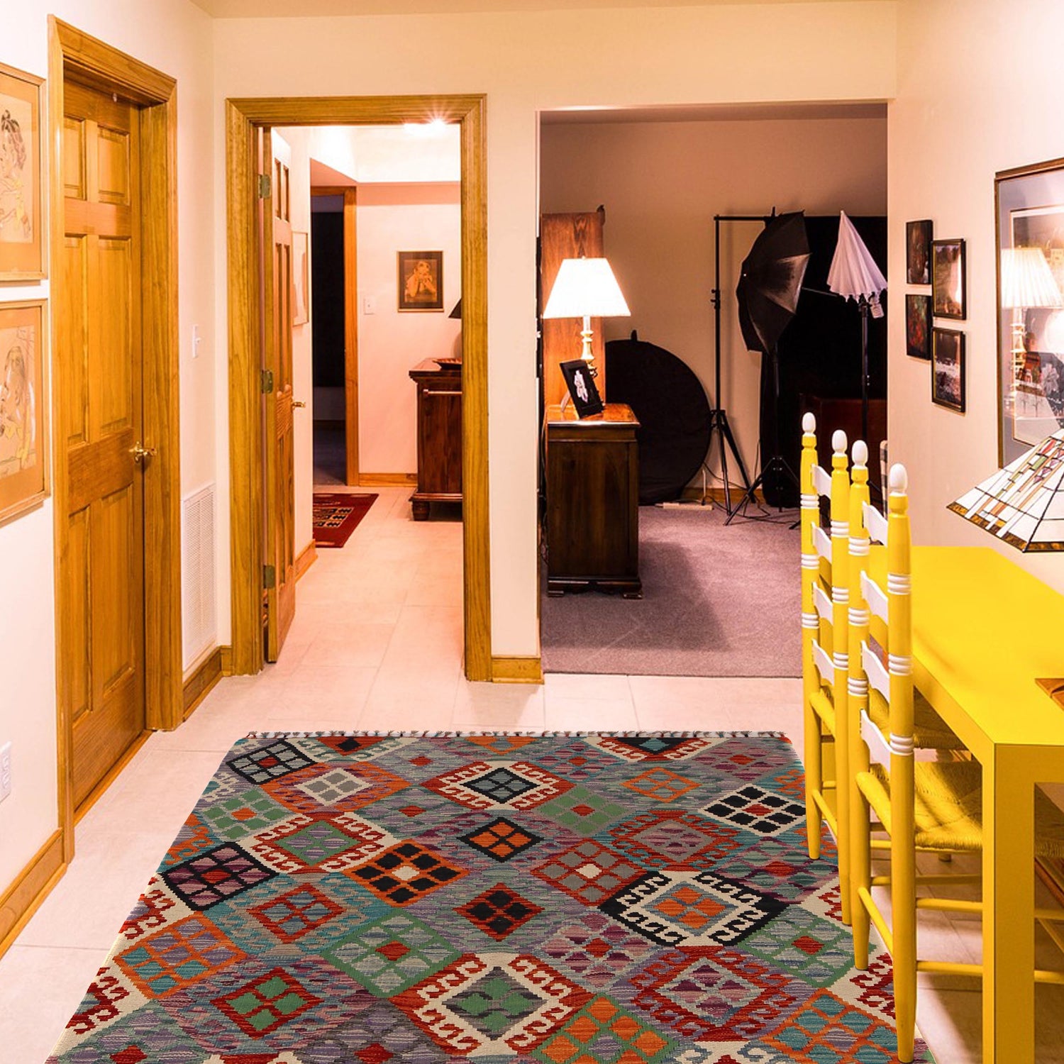 Hand Knotted Afghan Style Kilim 4' 4" x 5' 9" ft / 133 x 174 cm - No. P34897